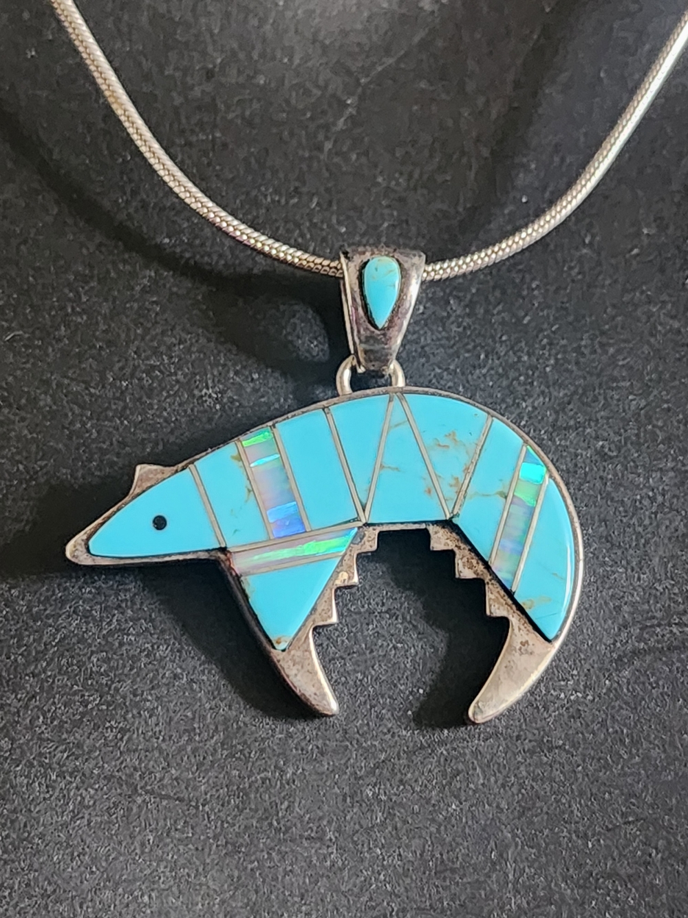 Navajo Sterling Silver Turquoise Opal Inlay Bear Pendant Necklace Native